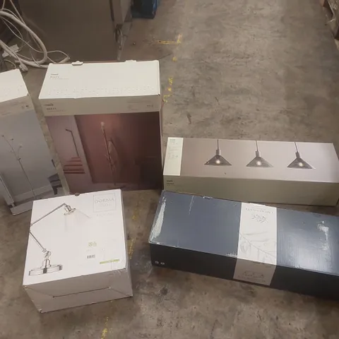 PALLET CONTAINING A VERY LARGE QUANTITY OF ASSORTED DESIGNER LIGHTING PRODUCTS INCLUDING: PERRY BAR CEILING LIGHT, RHETT FLOOR LAMP BASE, PORTIA FLOOR LAMP, DORMA NICKSON TABLE LAMP, CHURCHGATE 3 BAR