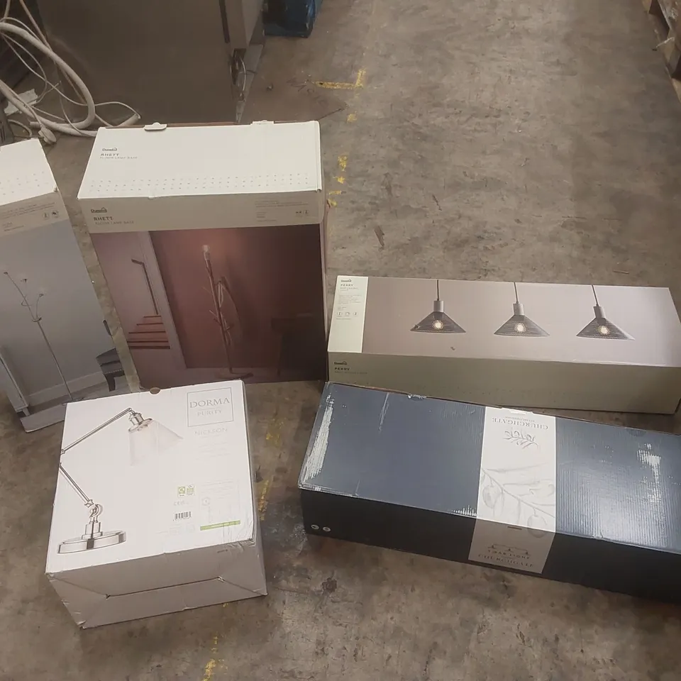 PALLET CONTAINING A VERY LARGE QUANTITY OF ASSORTED DESIGNER LIGHTING PRODUCTS INCLUDING: PERRY BAR CEILING LIGHT, RHETT FLOOR LAMP BASE, PORTIA FLOOR LAMP, DORMA NICKSON TABLE LAMP, CHURCHGATE 3 BAR