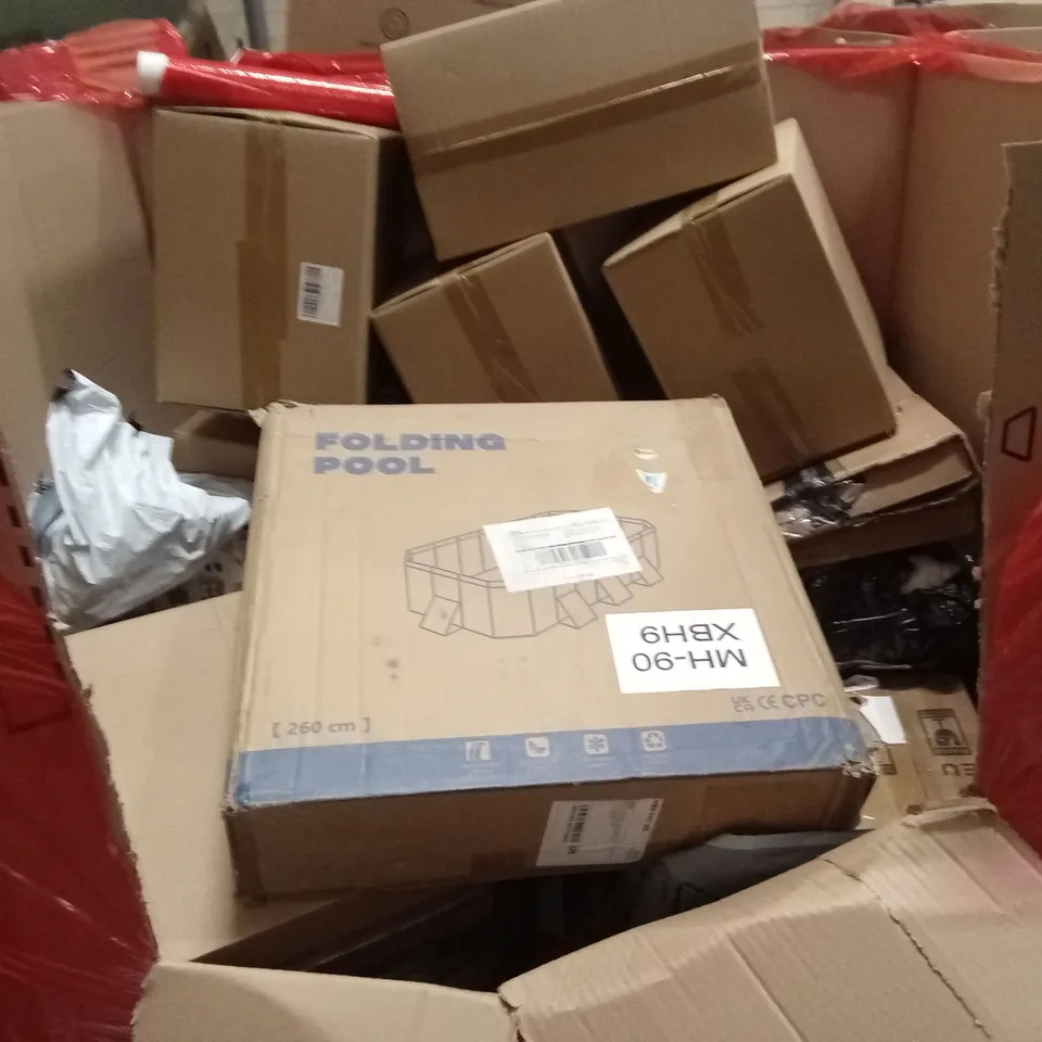 PALLET OF HOUSEHOLD GOODS AND PRODUCTS TO INCLUDE; AKITAS DELUXE VACUUM CLEANER, EASY TO INSTALL RETRACTABLE SAFETY GATE, BOXED FURNITURE ETC