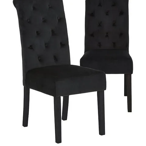 PAIR OF VELVET SCROLL BACK DINING CHAIRS IN BLACK - COLLECTION ONLY