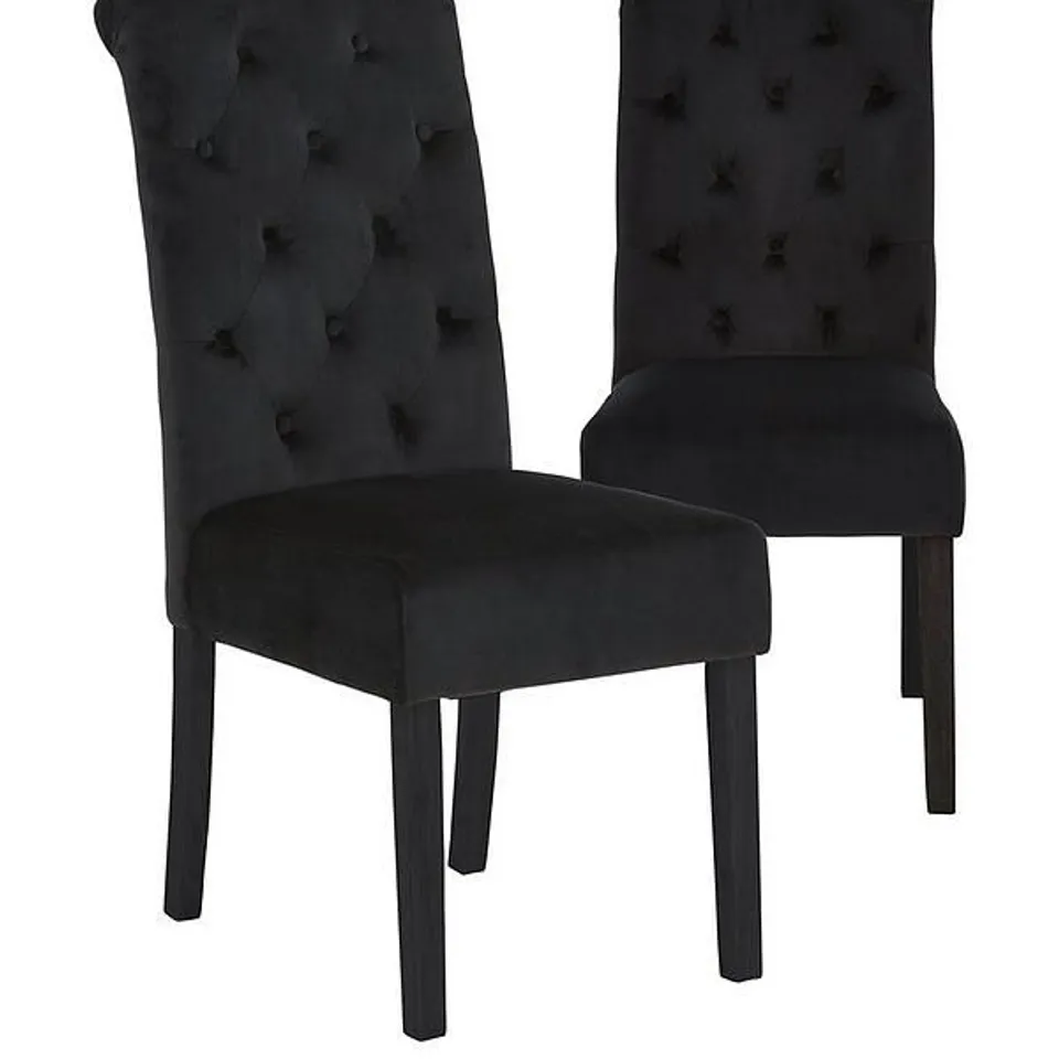 PAIR OF VELVET SCROLL BACK DINING CHAIRS IN BLACK - COLLECTION ONLY