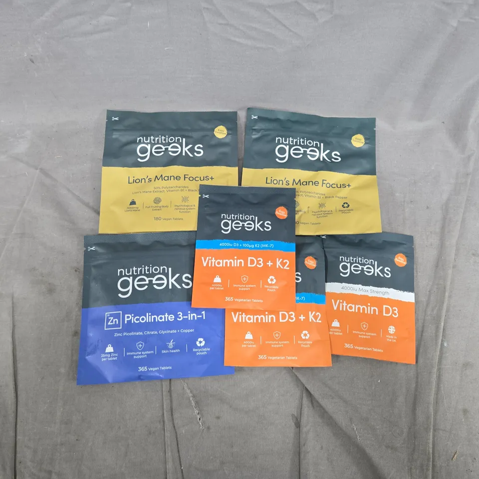 6 ASSORTED NUTRITION GEEKS PRODUCTS TO INCLUDE VITAMIN D3, ZN PICOLINATE 3-IN-1, LIONS MANE FOCUS+