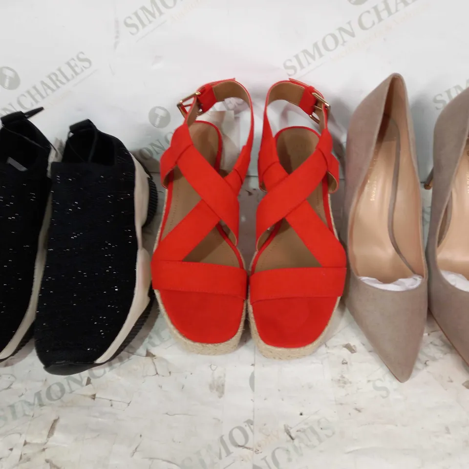 BOX OF APPROXIMATELY 15 ASSORTED PAIRS OF SHOES AND FOOTWEAR ITEMS IN VARIOUS STYLES AND SIZES TO INCLUDE H&M, DOROTHY PERKINS, ZARA, ETC