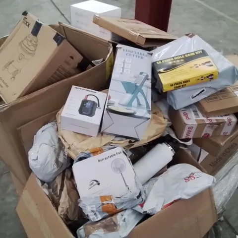PALLET CONTAINING LARGE QUANTITY OF ASSORTED BOXED HOUSEHOLD PRODUCTS INCLUDING: RETRACTABLE FAN, ELECTRIC AIR COMPRESSOR,  16 PIECE HOLE SAW SET, VEGETABLE CUTTER, VACUUM CLEANER AND LOTS MORE 