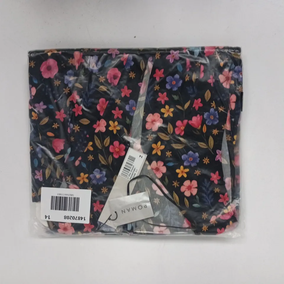 BAGGED ROMAN PETITE DITSY JUMPSUIT IN BLACK/MULTI SIZE 14