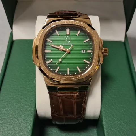 FRANK SCHMIDT STAINLESS STEEL GREEN FACED GENTS WATCH WITH BROWN LEATHER STRAP 