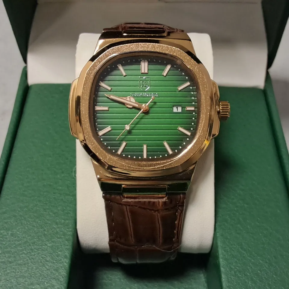 FRANK SCHMIDT STAINLESS STEEL GREEN FACED GENTS WATCH WITH BROWN LEATHER STRAP 