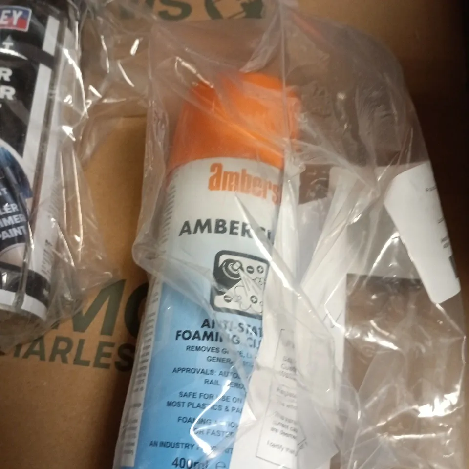 BOX OF APPROXIMATELY 12 ASSORTED ITEMS INCLUDING ARALCITE EPOXY PASTE ADHESIVE , FILLER PRIMER PAINT AND ANTI STATIC FOAMING CLEANSER