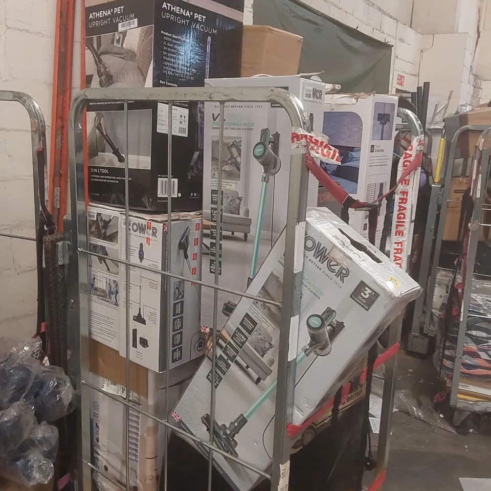 CAGE CONTAINING A LARGE QUANTITY OF ASSORTED ITEMS INCLUDING: TOWER VACUUM CLEANERS, RUSSELL HOBBS UPRIGHT VACUUM CLEANER, MACROMAX SPIN MOP, TOWER FANS ECT // CAGE NOT INCLUDED