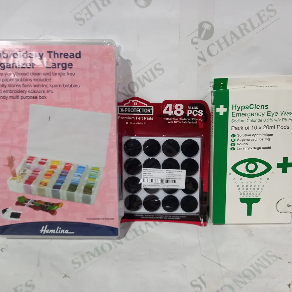 BOX OF APPROXIMATELY 10 ASSORTED HOUSEHOLD ITEMS TO INCLUDE HYPACLENS EMERGENCY EYE WASH, X-PROTECTOR PREMIUM FELT PADS, EMBROIDERY THREAD ORGANIZER, ETC