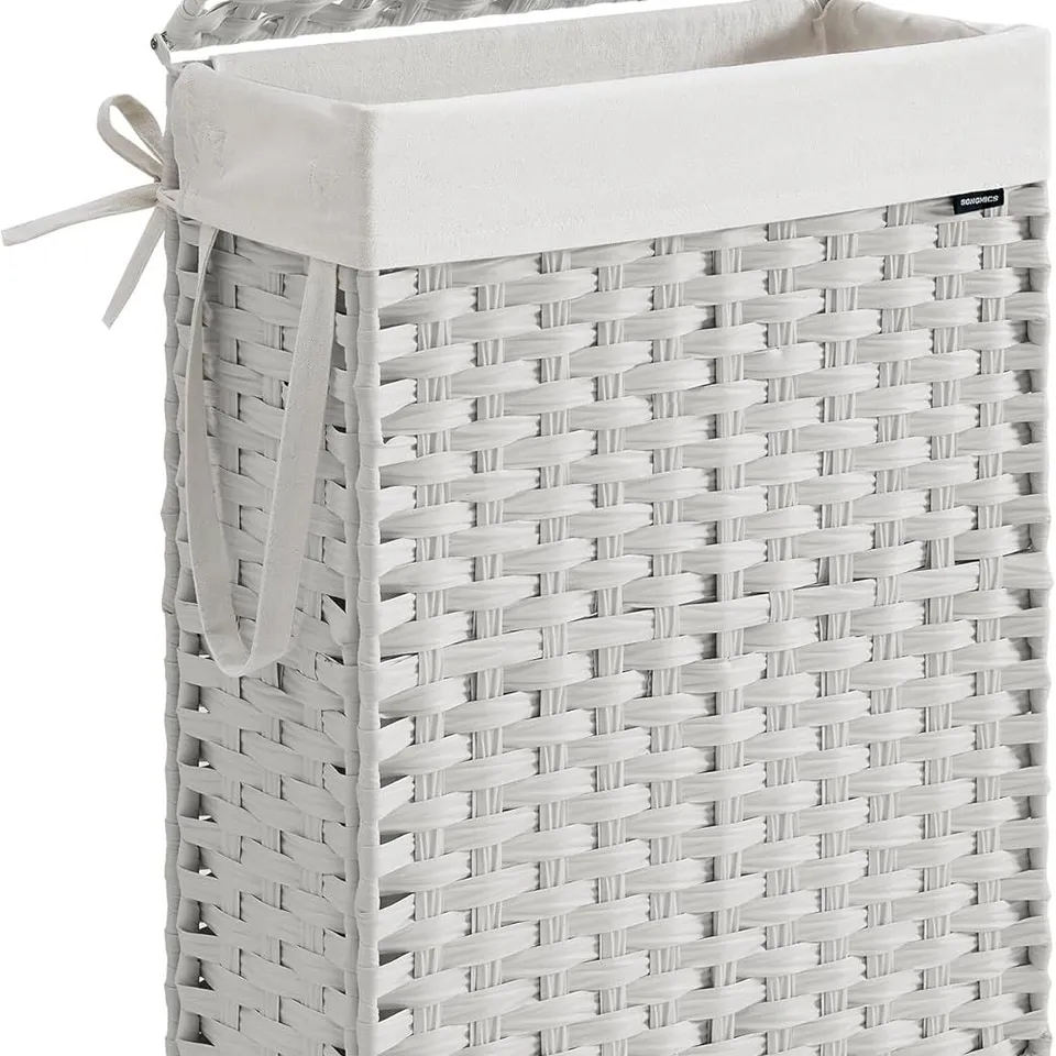 BOXED SONGMICS SLIM LAUNDRY BASKET, 55L SYNTHETIC RATTAN STORAGE BASKET WITH LID AND HANDLES