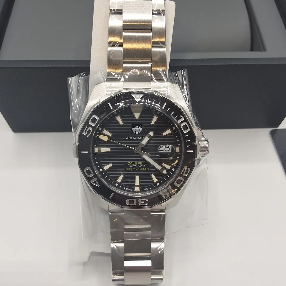 BOXED TAG HEUER AQUARACE CALIBRE AUTOMATIC BLACK DIAL WATCH