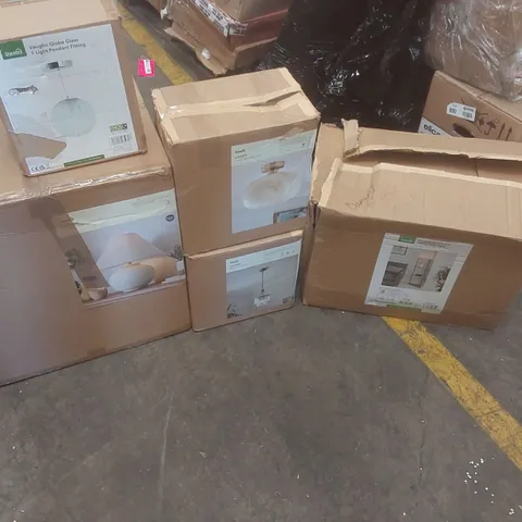 PALLET CONTAINING A VERY LARGE QUANTITY OF ASSORTED DESIGNER LIGHTING PRODUCTS INCLUDING: SANDI TABLE LAMP, PENDANT LIGHT, AUDRA CEILING FITTING, ELEMENTS SHELVED FLOOR LAMP ECT