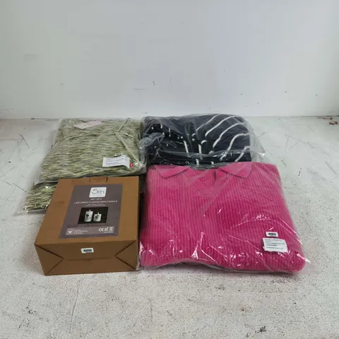 BOX OF APPROXIMATELY 20 ASSORTED ITEMS TO INCLUDE PINK KNITTED JUMPER, BLUE/WHITE KNITTED JUMPER, SET OF 2 CANDLES ETC
