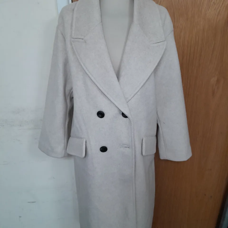 BERSHKA LONG FAUX WOOL TRENCH COAT IN BEIGE WITH BLACK BUTTONS SIZE L