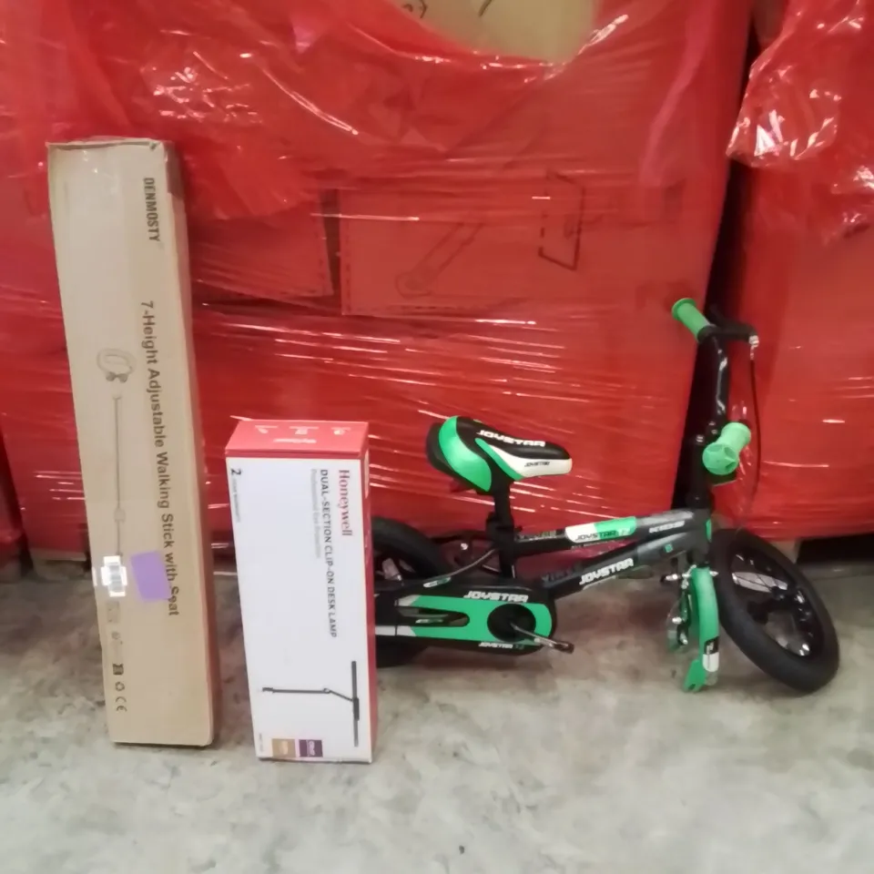 PALLET OF ASSORTED HOUSEHOLD GOODS AND PRODUCTS TO INCLUDE;KIDS JOYSTAR BIKE,DUAL SECTIONED DESK LAMP,WALKING STICK