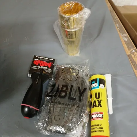 ASSORTED TOTE BOX APPROXIMATLEY 10 ITEMS, INCLUDES AU VODKA CUPS, MOUSE PAD WRIST REST, WOOD ADHESIVE ECT