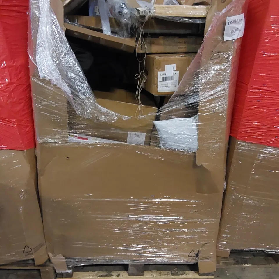PALLET TO CONTAIN ASSORTED HOUSEHOLD ITEMS AND CONSUMER PRODUCTS. INCLUDING BABY PLAYPEN, BLINDS, CURTAIN LIGHT BAR, LAPTOP STAND, KIDS SCOOTER ETC