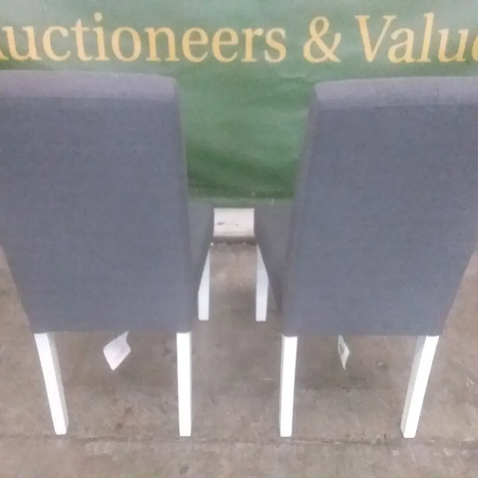 SET OF 2 NEW DUKE SLATE FABRIC BUTTON BACK DINING CHAIRS (WHITE LEG)