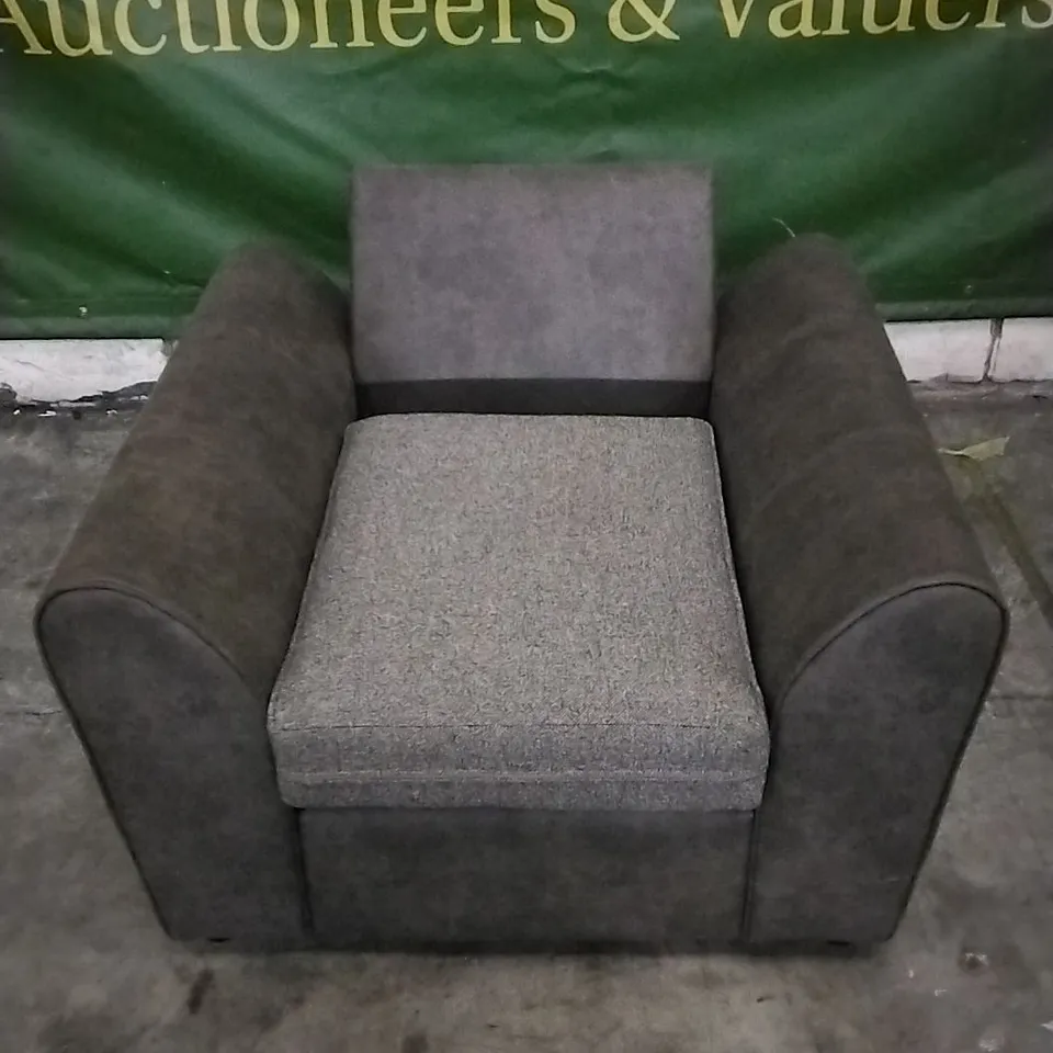 DESIGNER BROWN LEATHER ARMCHAIR WITH GREY CUSHION
