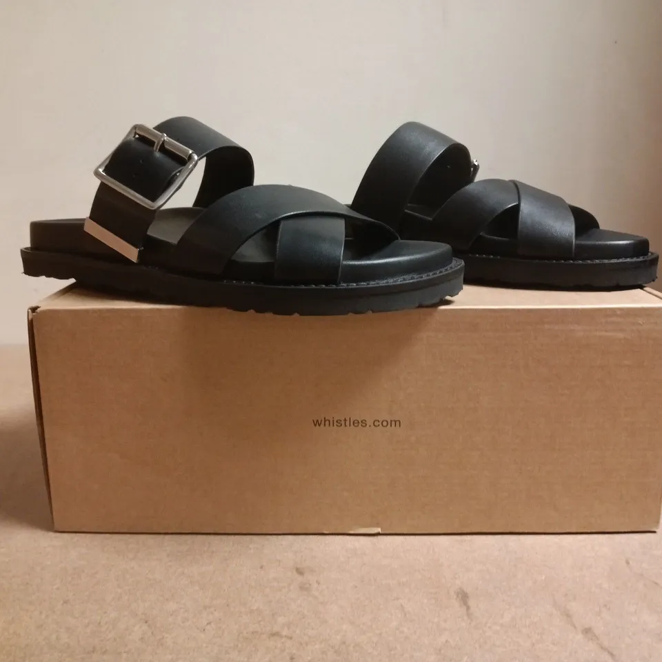 BOXED PAIR OF WHISTLES OPEN TOE SANDALS IN BLACK SIZE EU 38