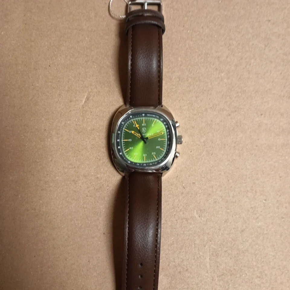 BOXED VONLANTHEN STAINLESS STEEL WATCH WITH GREEN DIAL AND BROWN LEATHER STRAP