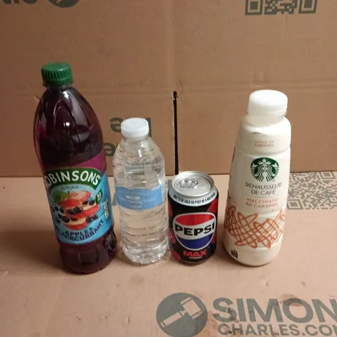 APPROXIMATELY 15 ASSORTED DRINKS ITEMS TO INCLUDE - PEPSI MAX CANS, ROBINSON'S APPLE & BLACKCURRANT CORDIAL AND STARBUCKS COFFEE ENHANCER