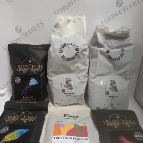 APPROXIMATELY 6 ASSORTED COFFEE PRODUCTS TO INCLUDE ARTISAN ROAST COFFEE ROASTERS, IRON & FIRE, PACT ETC