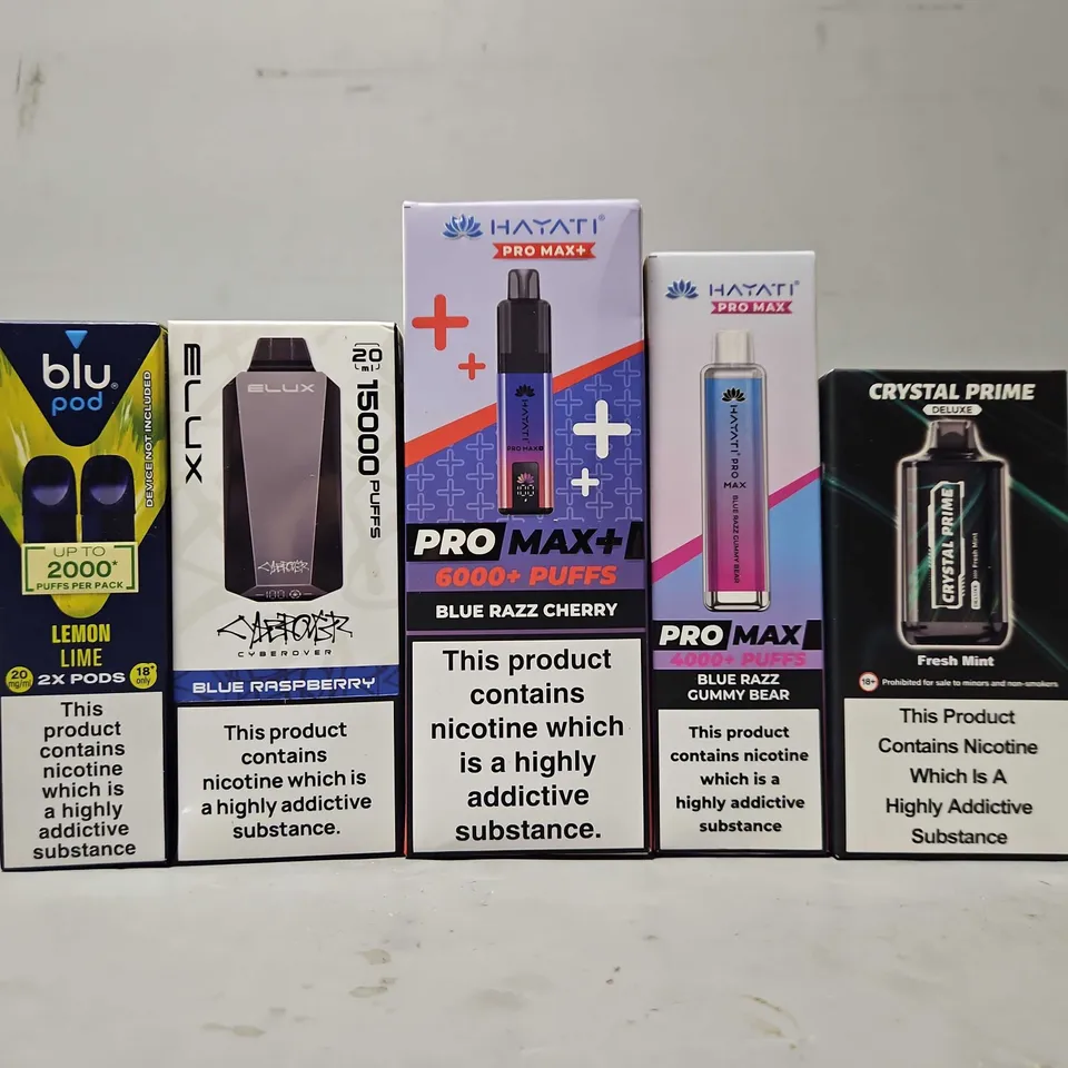 APPROXIMATELY 15 ASSORTED E-CIGARETTE PRODUCTS TO INCLUDE -ELUX , HAYATI , CRYSTAL PRIME ETC