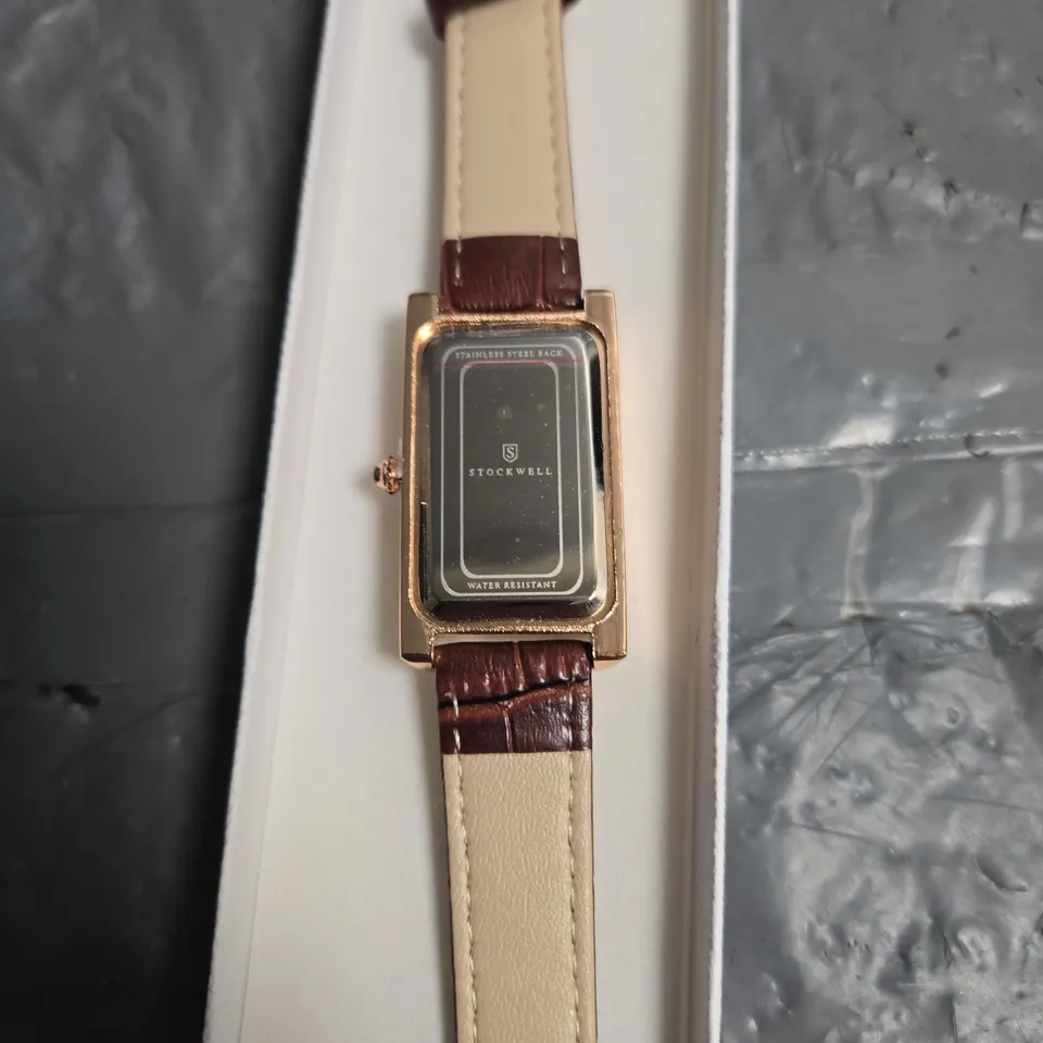 STOCKWELL RECTANGULAR GOLD-TONE WATCH WITH BROWN LEATHER STRAP