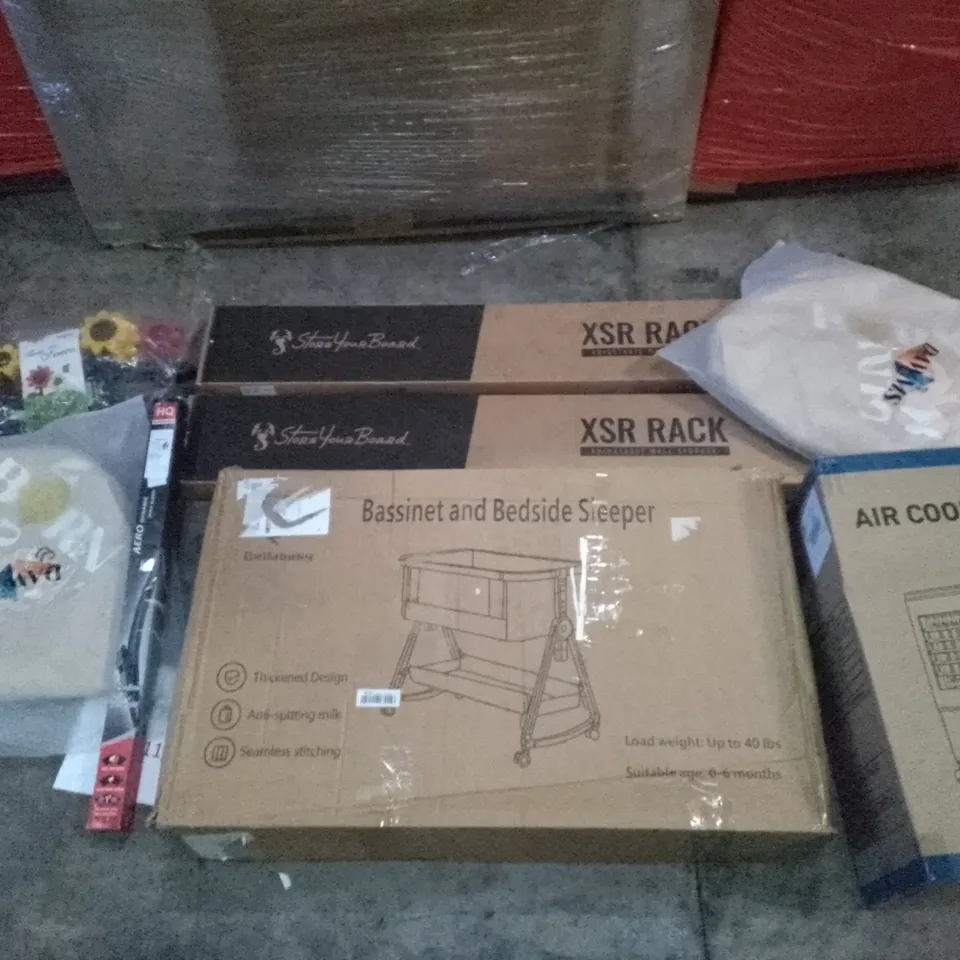 UNPROCESSED PALLET OF ASSORTED HOUSEHOLD GOODS TO INCLUDE XSR RACK, AIR COOLER, AND BASSINET AND BEDSIDE SLEEPER