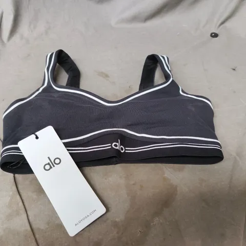 ALO YOGA AIRBRUSH HEART THROB BRA – BLACK/WHITE, UK SIZE S 