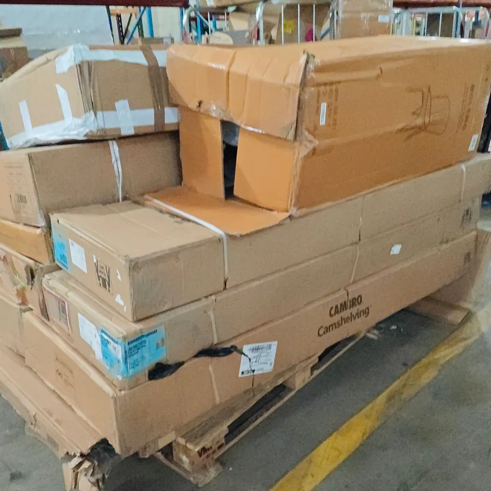 PALLET OF ASSORTED PRODUCTS TO INCLUDE;BLACK STEEL CHAIRS,SHELVING UNIT,STEEL TABLE,EGG CHAIR