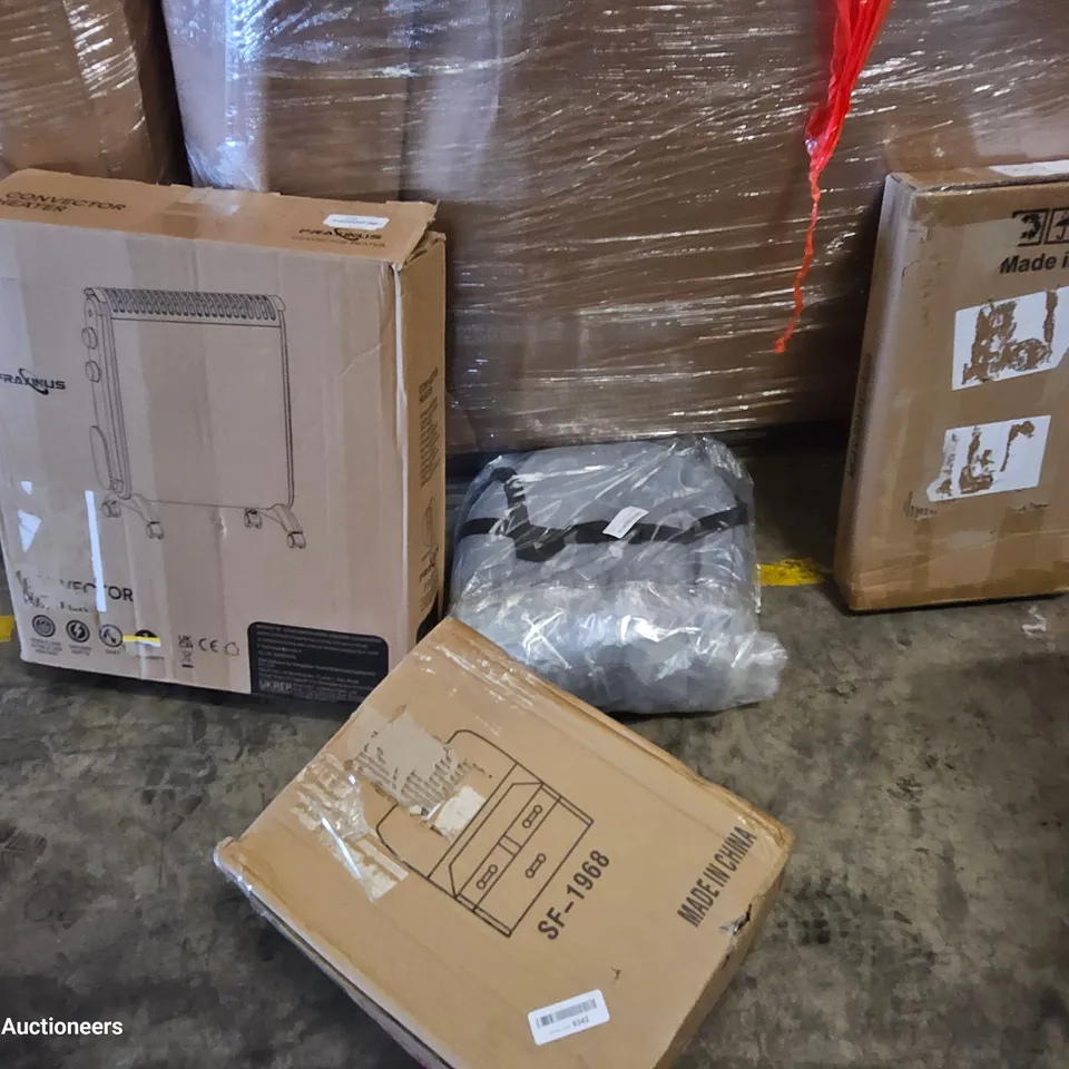 PALLET OF ASSORTED ITEMS TO INCLUDE, SHOE RACK, CONVECTOR HEATER, CHANGING BAG, WOK.