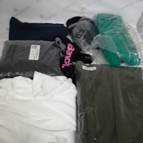 LARGE BOX OF ASSORTED CLOTHING ITEMS IN VARIOUS COLOURS AND SIZES INCLUDING TROUSERS , TOPS AND JUMPERS