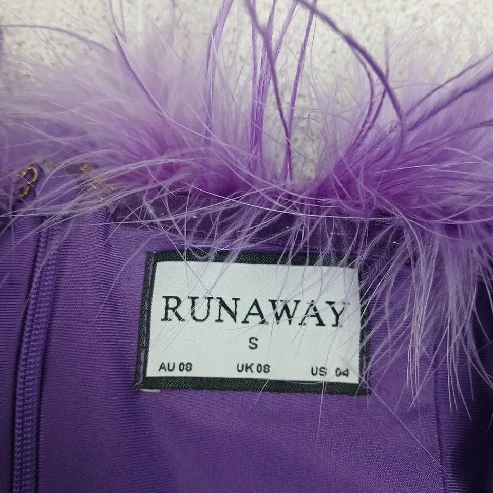 RUNAWAY PURPLE FEATHER-TRIM DRESS – UK S (AU 08, US 04)