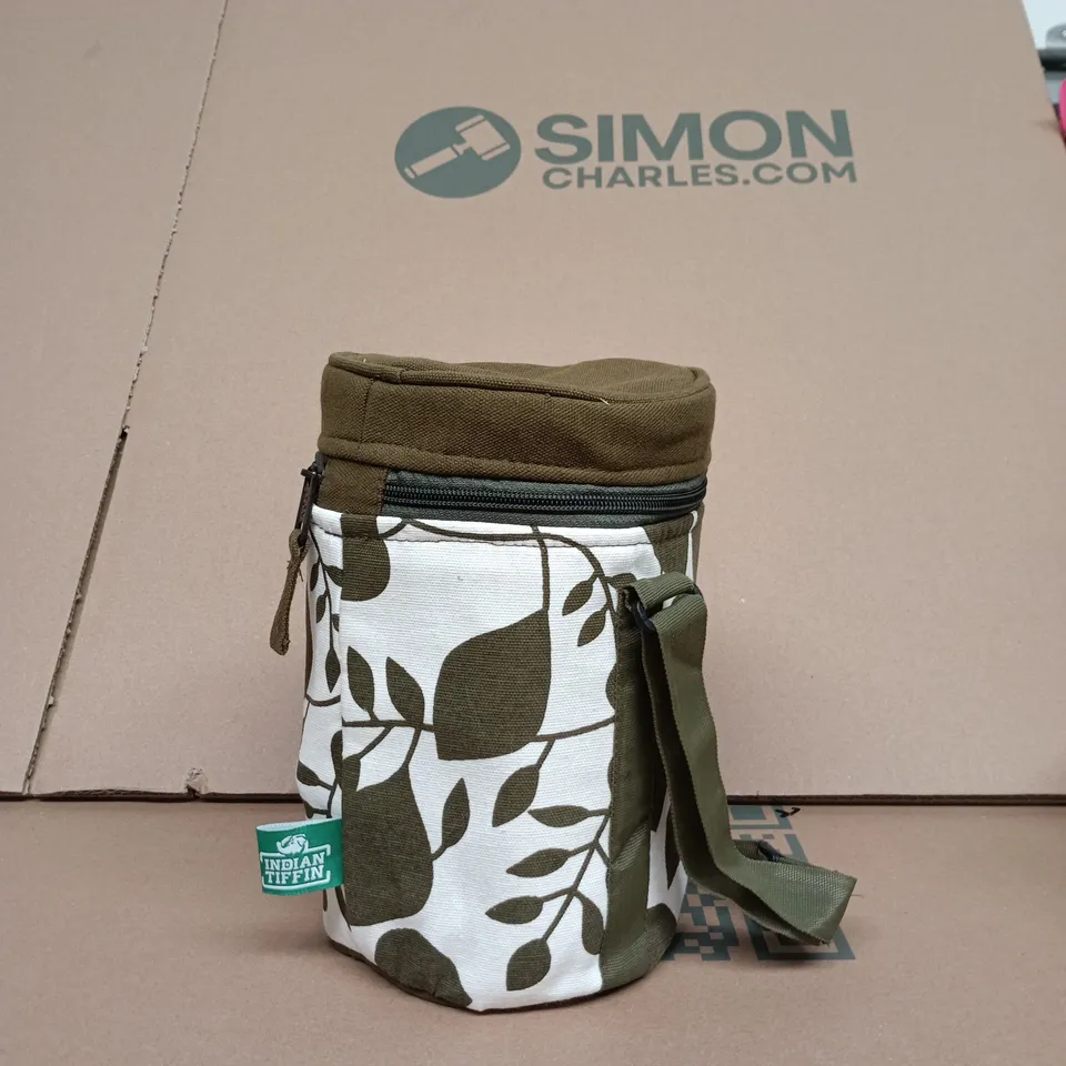 INDIAN TIFFIN INSULATED LUNCH BAG – LEAF PRINT, SMALL CYLINDRICAL CARRIER 