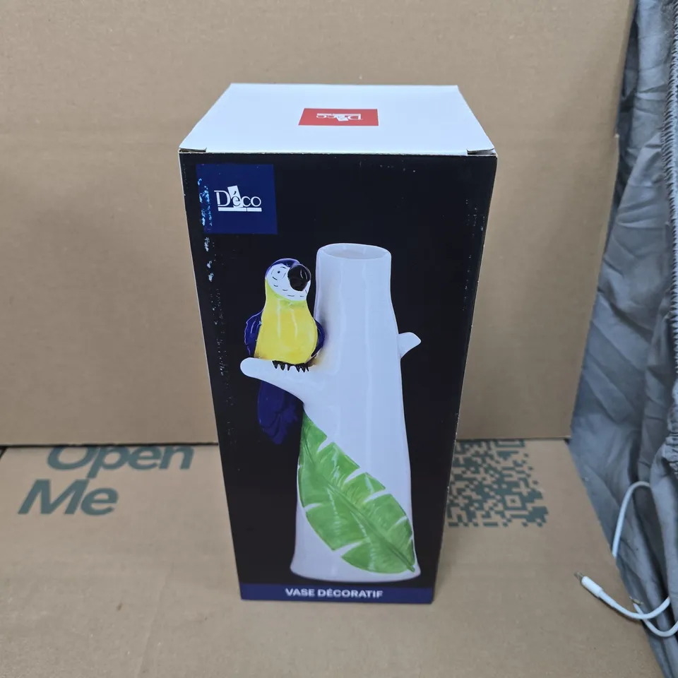 DECO DECORATIVE CERAMIC VASE WITH BLUE PARROT ON BRANCH – BOXED