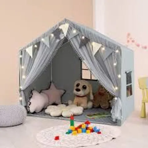 BOXED COSTWAY 3-4 KIDS LARGE PLAY TENT HOUSE WITH FABRIC AND SCREEN CURTAINS STAR LIGHTS-GREY