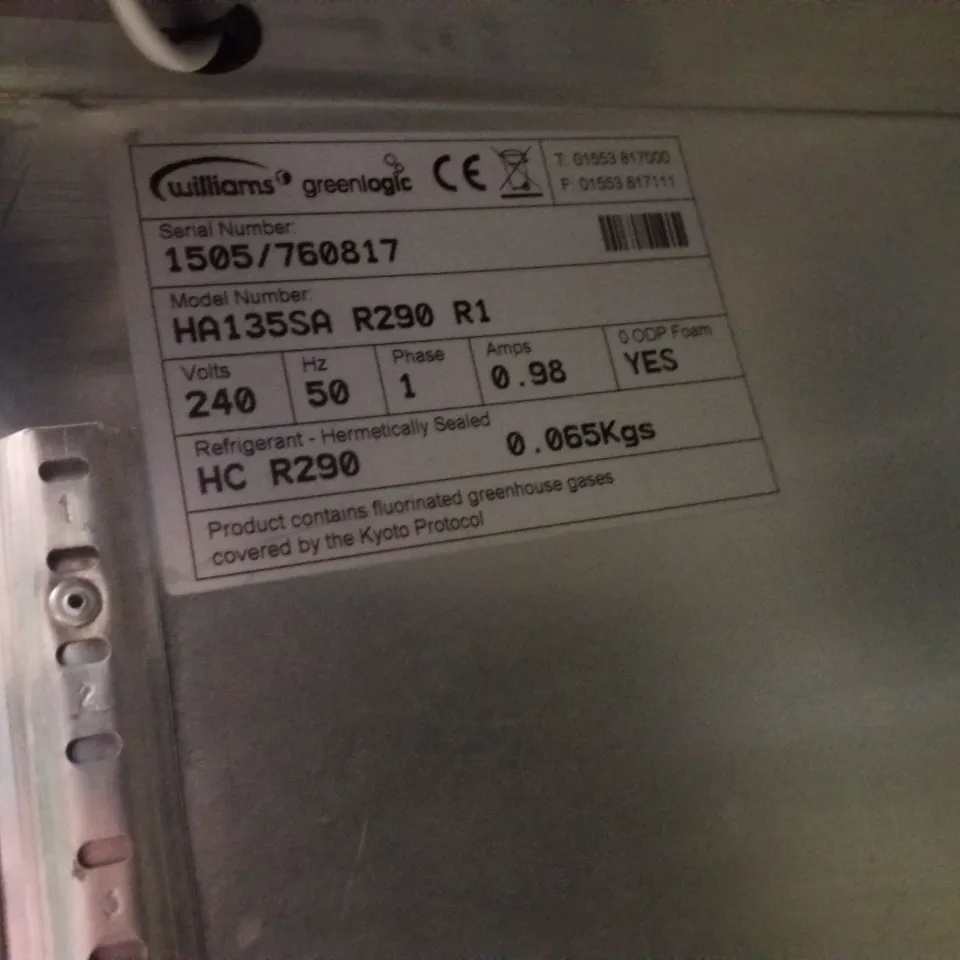 WILLIAMS HA135SA R290 R1 UNDER COUNTER COMMERCIAL FRIDGE