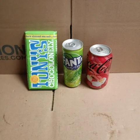APPROXIMATELY 12 ASSORTED FOOD AND DRINKS ITEMS TO INCLUDE - TONY'S DARK ALMOND SEA SALT CHOCOLATE BAR, JAPANESE FANTA, COCA-COLA ZERO ETC 