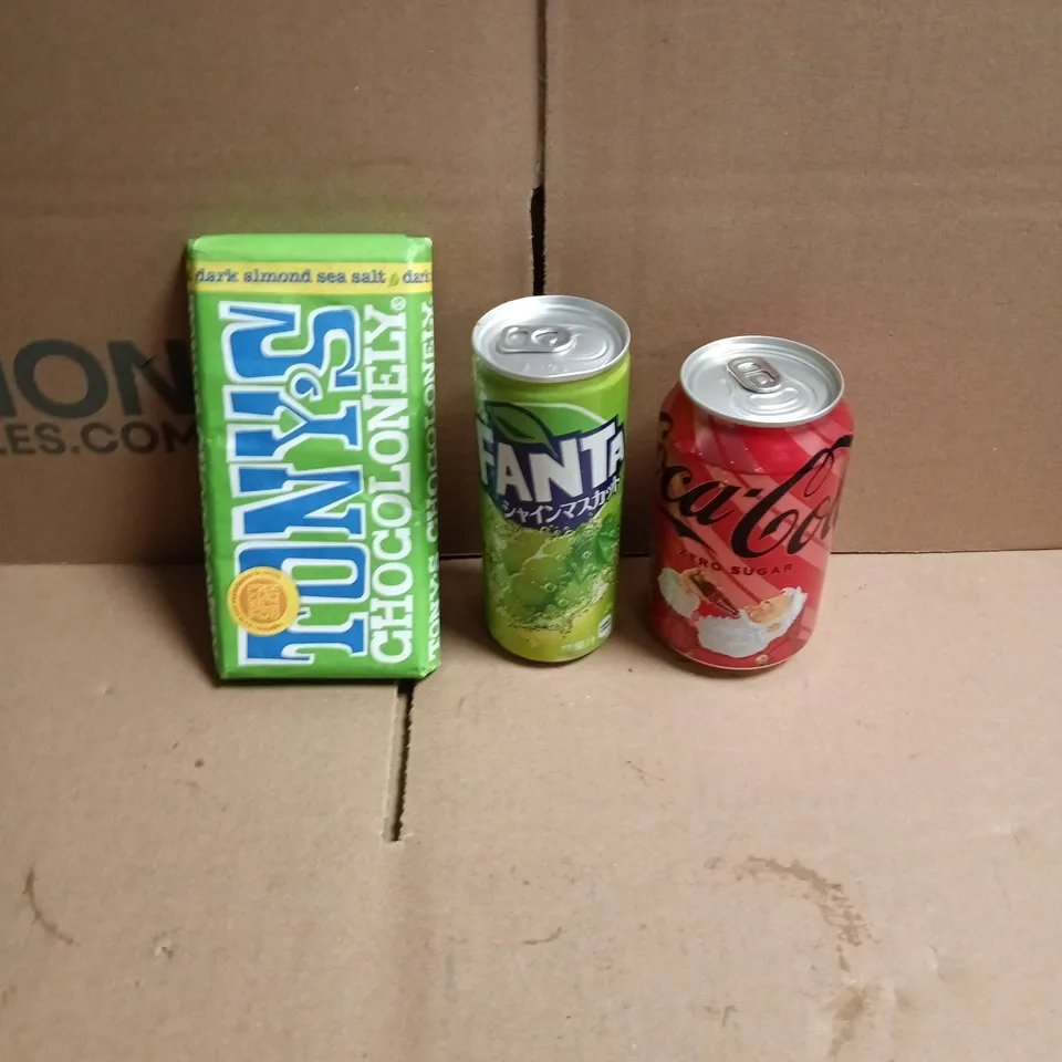 APPROXIMATELY 12 ASSORTED FOOD AND DRINKS ITEMS TO INCLUDE - TONY'S DARK ALMOND SEA SALT CHOCOLATE BAR, JAPANESE FANTA, COCA-COLA ZERO ETC 