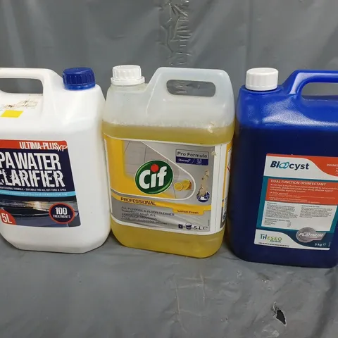 3 ASSORTED LIQUIDS TO INCLUDE BIOCYST DISINFECTANT, CIF FLOOR CLEANER, SPA WATER CLARIFIER - COLLECTION ONLY