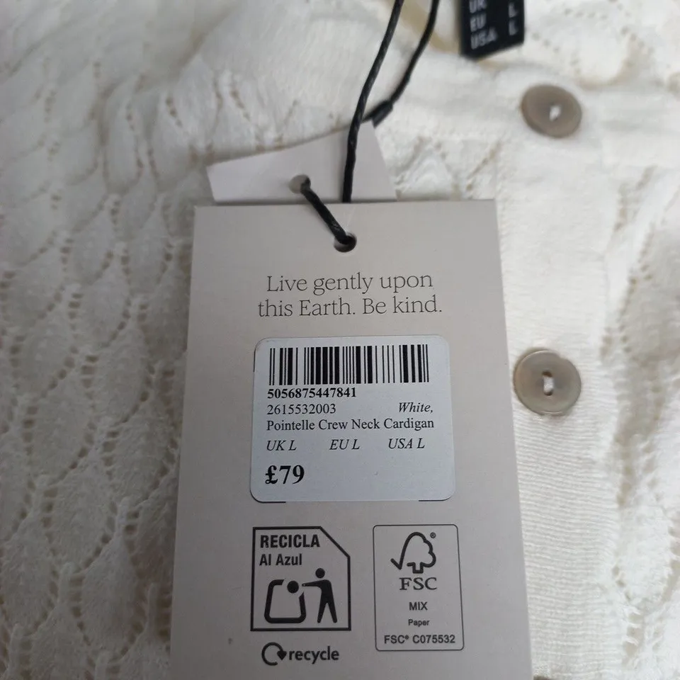 NOBODY'S CHILD WHITE POINTELLE CREW NECK CARDIGAN – UK L