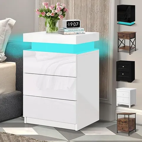 ELFORDSON ELFORDSON BEDSIDE TABLE RGB LED NIGHTSTAND 3 DRAWERS 4 SIDE HIGH GLOSS WHITE (1 BOX)