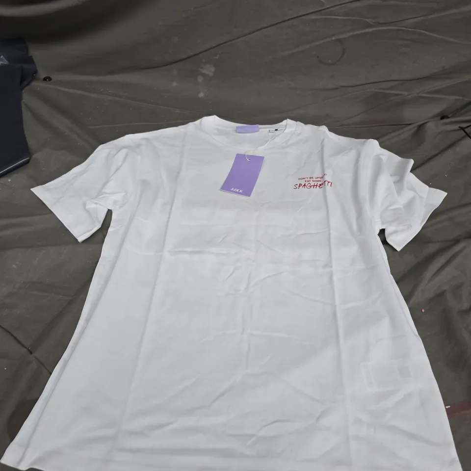 JUXX WHITE COTTON T-SHIRT WITH SPAGHETTI GRAPHIC, SIZE M