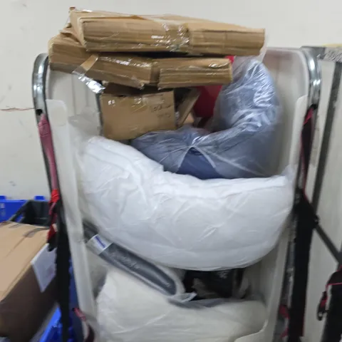 CAGE OF ASSORTED HOUSEHOLD ITEMS TO INCLUDE PILLOWS , BUCKET AND GARDEN FURNITURE