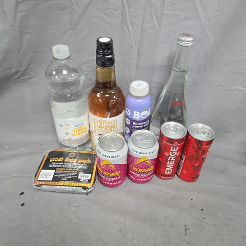 APPROXIMATELY 12 ASSORTED FOOD ITEMS TO INCLUDE - LUCOZADE PINK LEMONADE - EVIAN NATURAL MINERAL WATER - BOL BLUEBERRY POWER SHAKE - COLLECTION ONLY