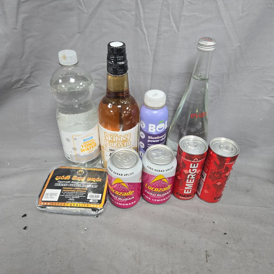APPROXIMATELY 12 ASSORTED FOOD ITEMS TO INCLUDE - LUCOZADE PINK LEMONADE - EVIAN NATURAL MINERAL WATER - BOL BLUEBERRY POWER SHAKE - COLLECTION ONLY