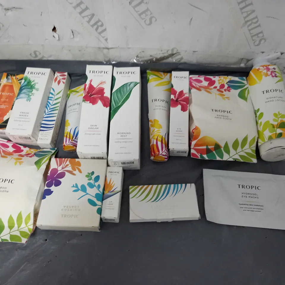 BOX OF APPROXIMATELY 12 ASSORTED COSMETIC ITEMS TO INCLUDE - TROPIC FACE CLOTH -TROPIC SKIN DREAM - TROPIC MORNING MIST ETC.